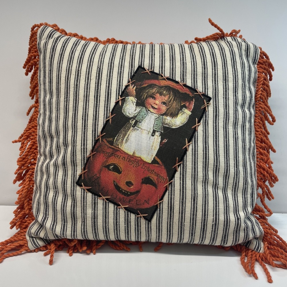 Vintage Halloween‎ Pillow Handmade Baby in Pumpkin Orange Fringe 14"x 14" LE1